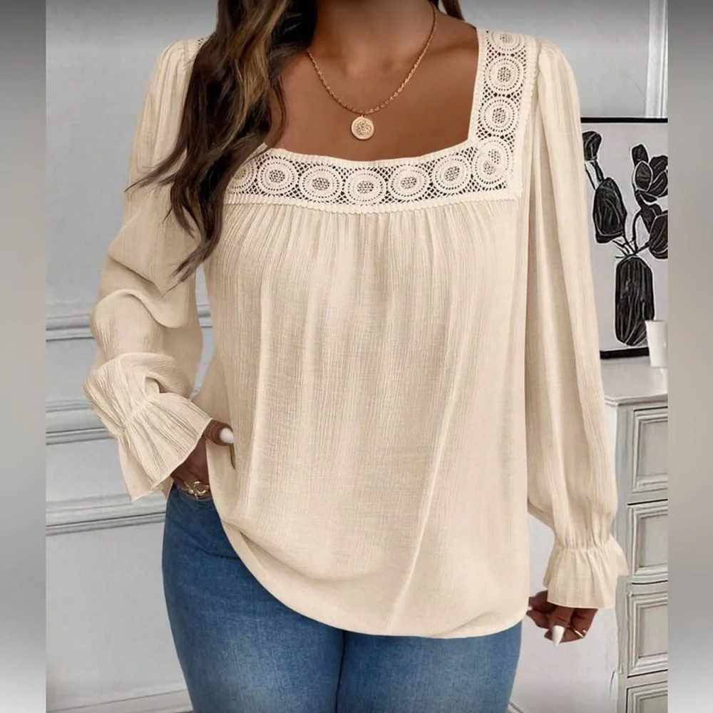 Elegant Cream Lace Trim Women's Top